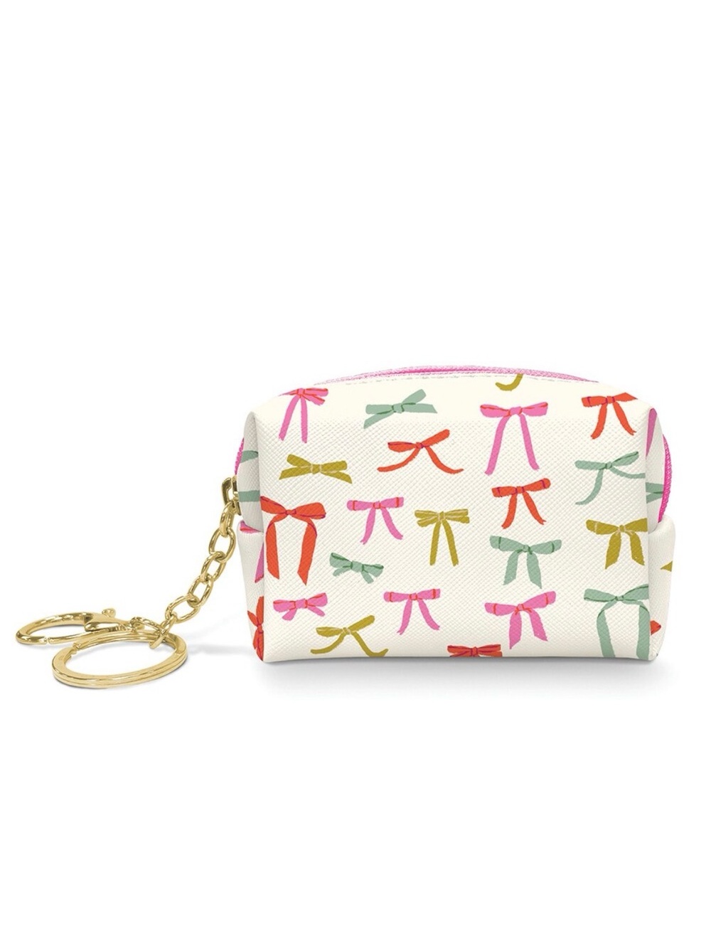 Bow Print Mini Pouch Keychain - White with Pink, Red, Green & Gold Bows